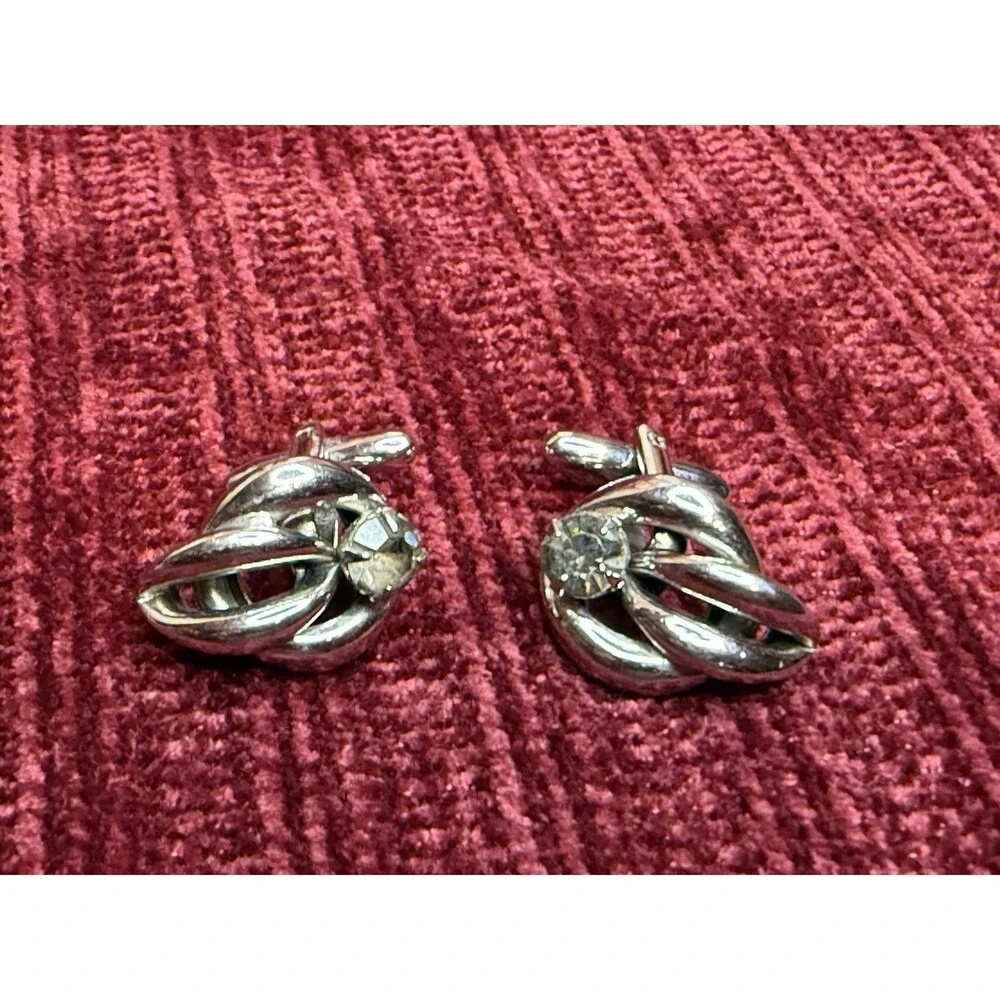 🔥Vintage Silver Tone Cufflinks Mens Rhinestone Wedding Formal Knott Ships Fast